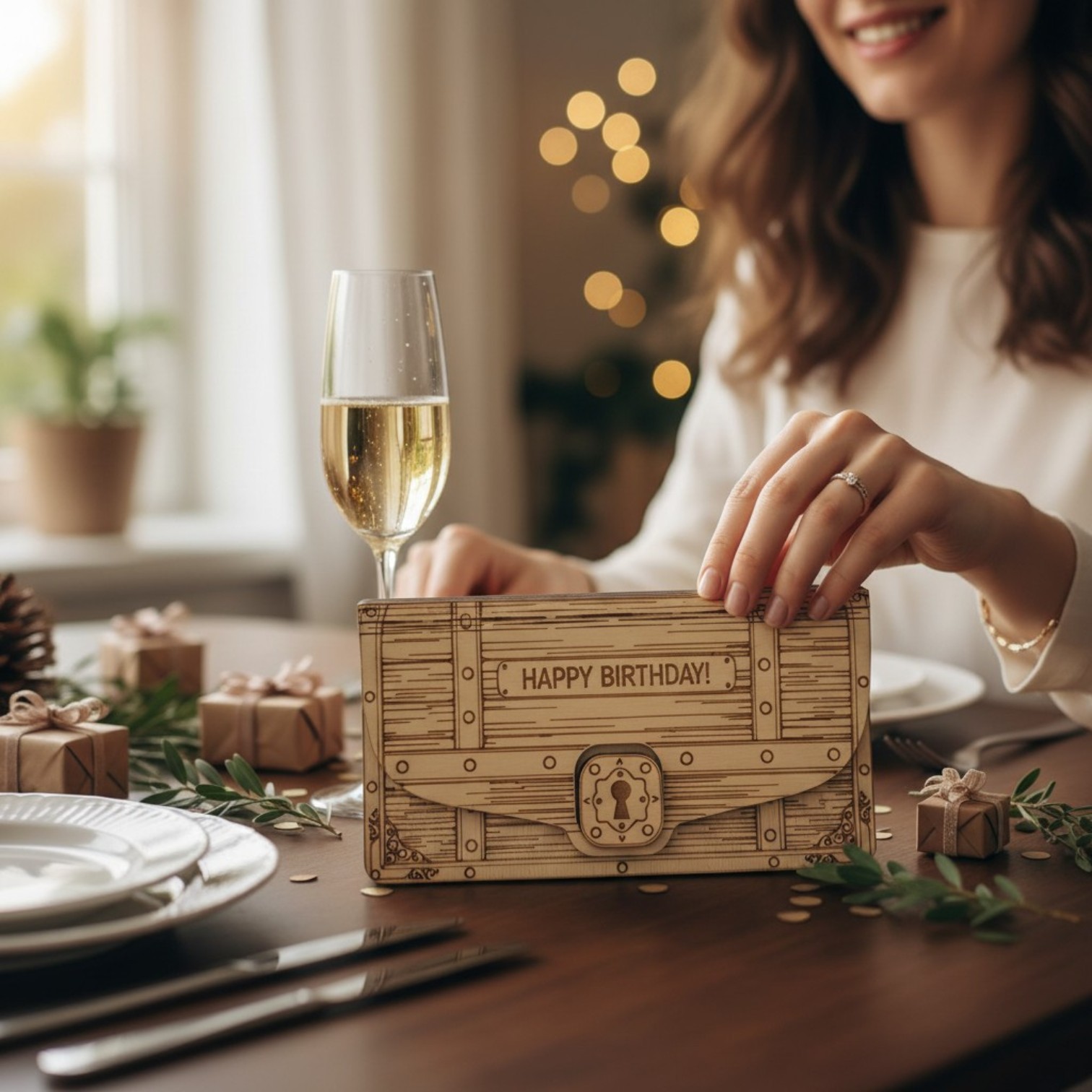 Holz Umschlag für Geld, Gutscheine & Widmungen – Happy Birthday – Geschenkbox aus Holz